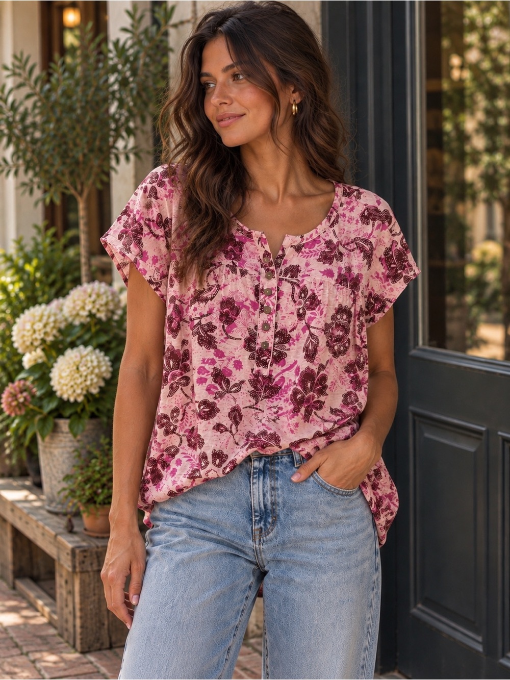 Pilcro Anthropologie 100% Cotton Floral Henley Tee Pink Small Boho
